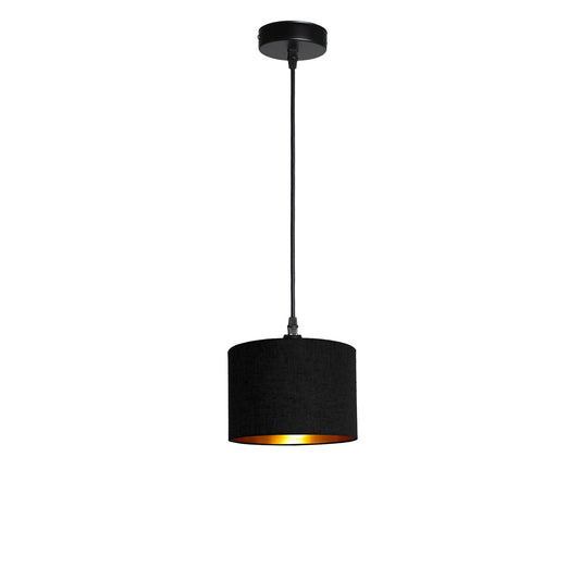 Kensington 1 Light Ceiling Pendant - Black frame - Black & Gold Fabric - 200mm