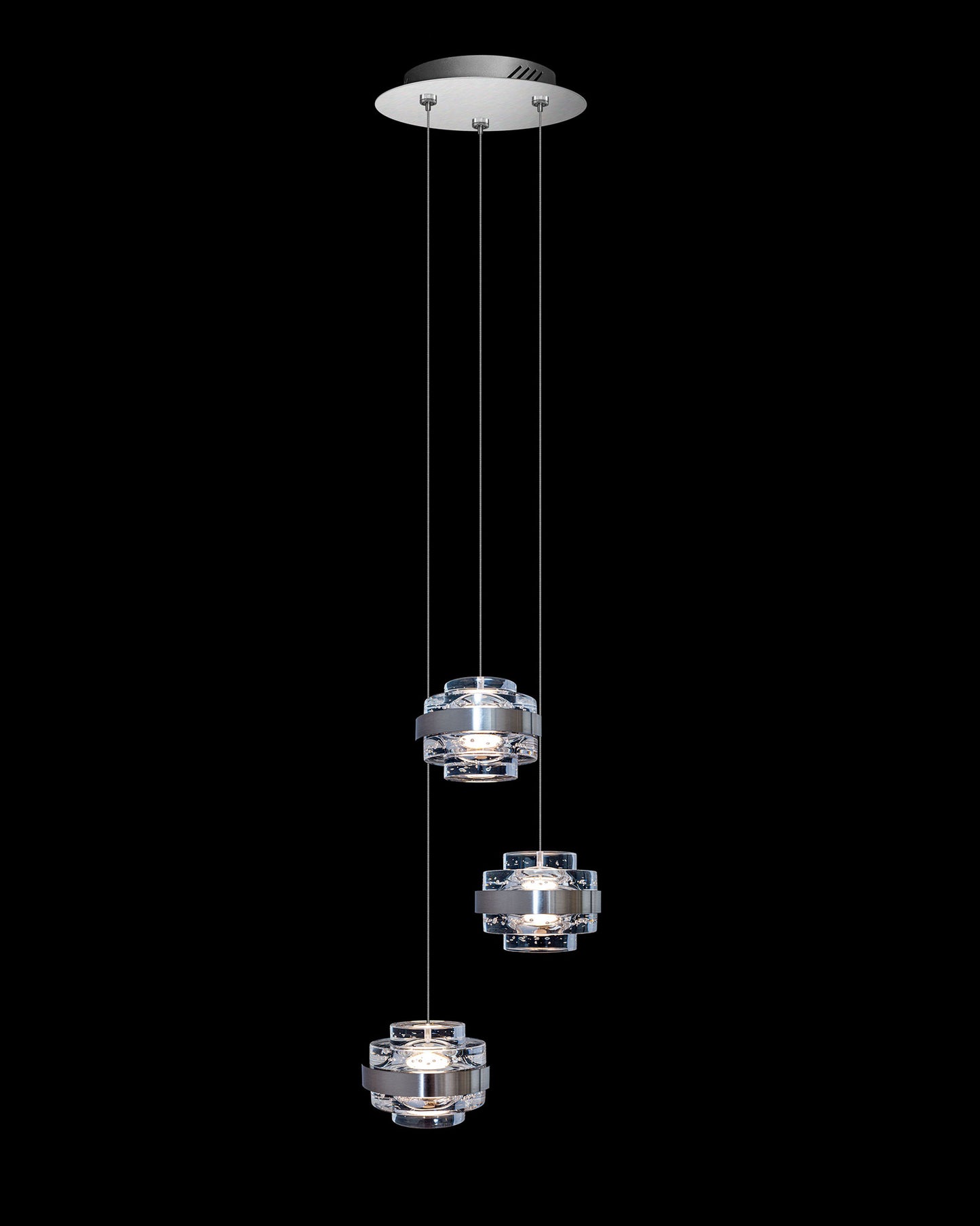Geo LED 3Lt Round Clear Pendant Satin Nickle Dimmable geo ceiling-pendant-lights Bedroom Lounge Kitchen Hallway MD22030002-3ASN illuminati light