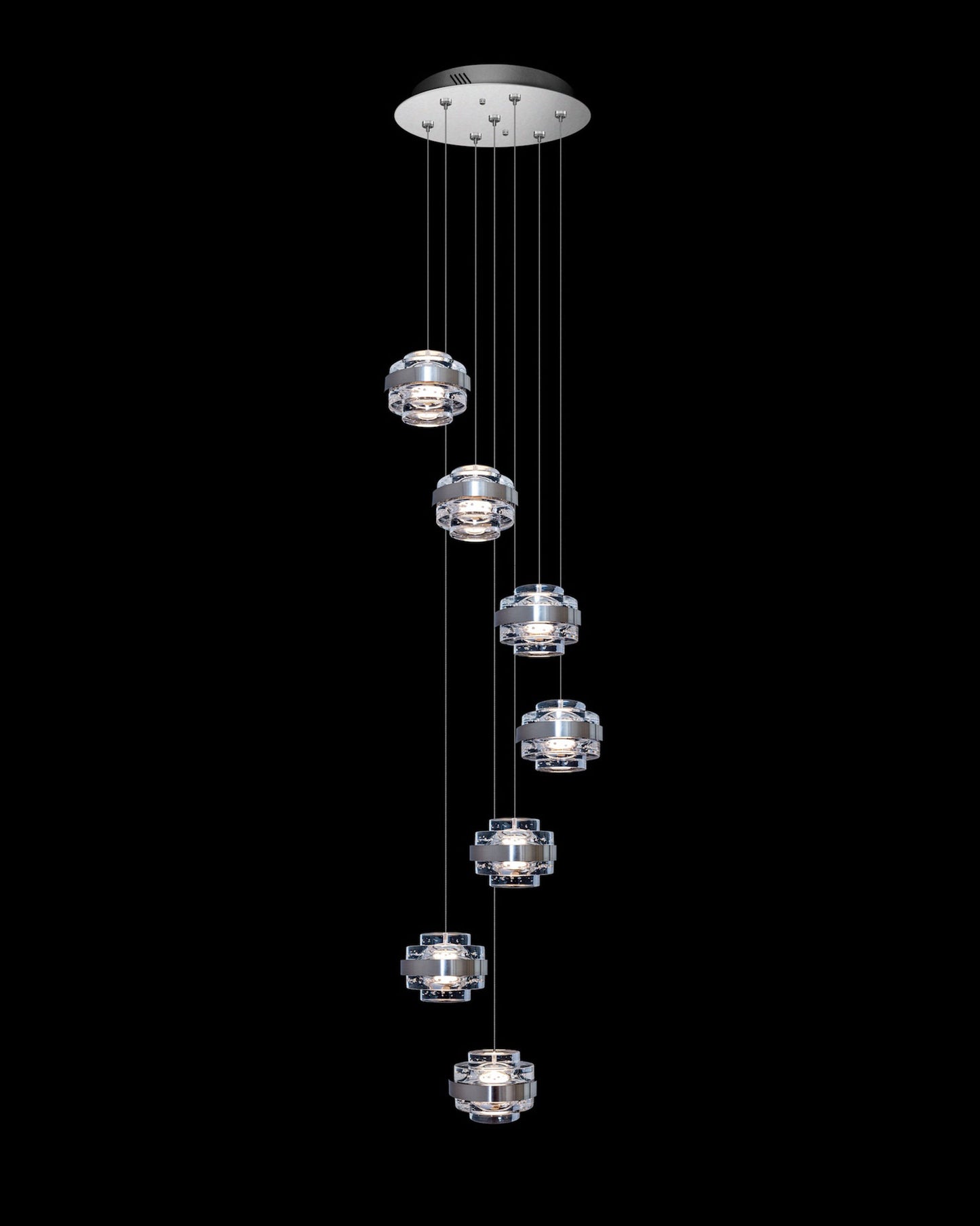 Geo LED 7Lt Round Clear Pendant Satin Nickle Dimmable geo ceiling-pendant-lights Bedroom Lounge Kitchen Hallway MD22030002-7ASN illuminati light