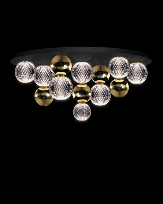 Diamante Embellished 7Lt Flush Black Ceiling plate with Gold Illuminati Light