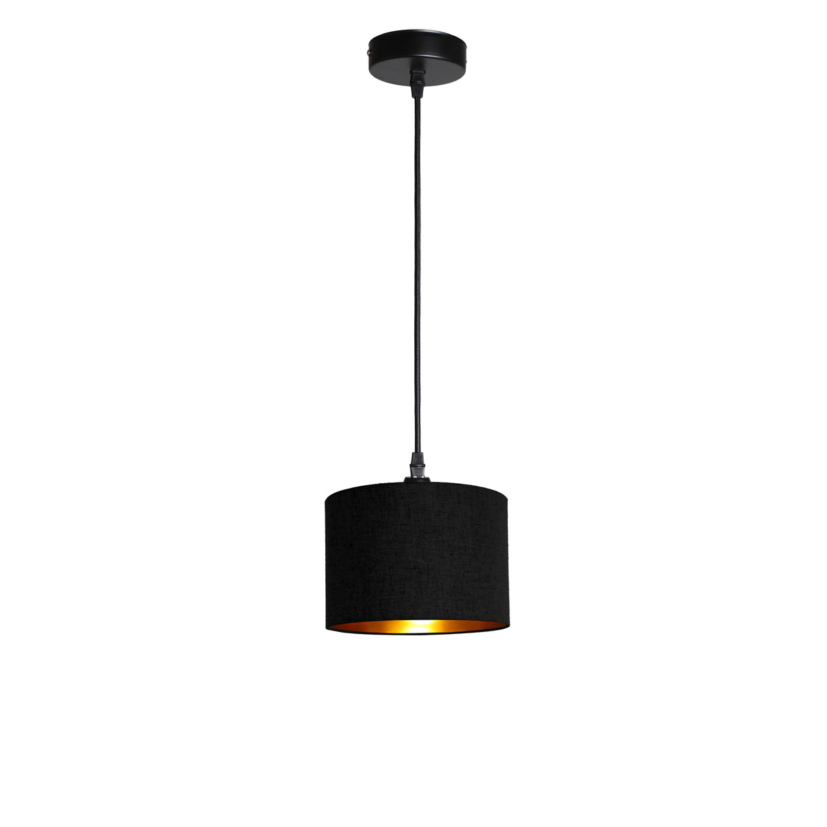 Kensington 1 Light Ceiling Pendant - Black frame - Black & Gold Fabric - 200mm