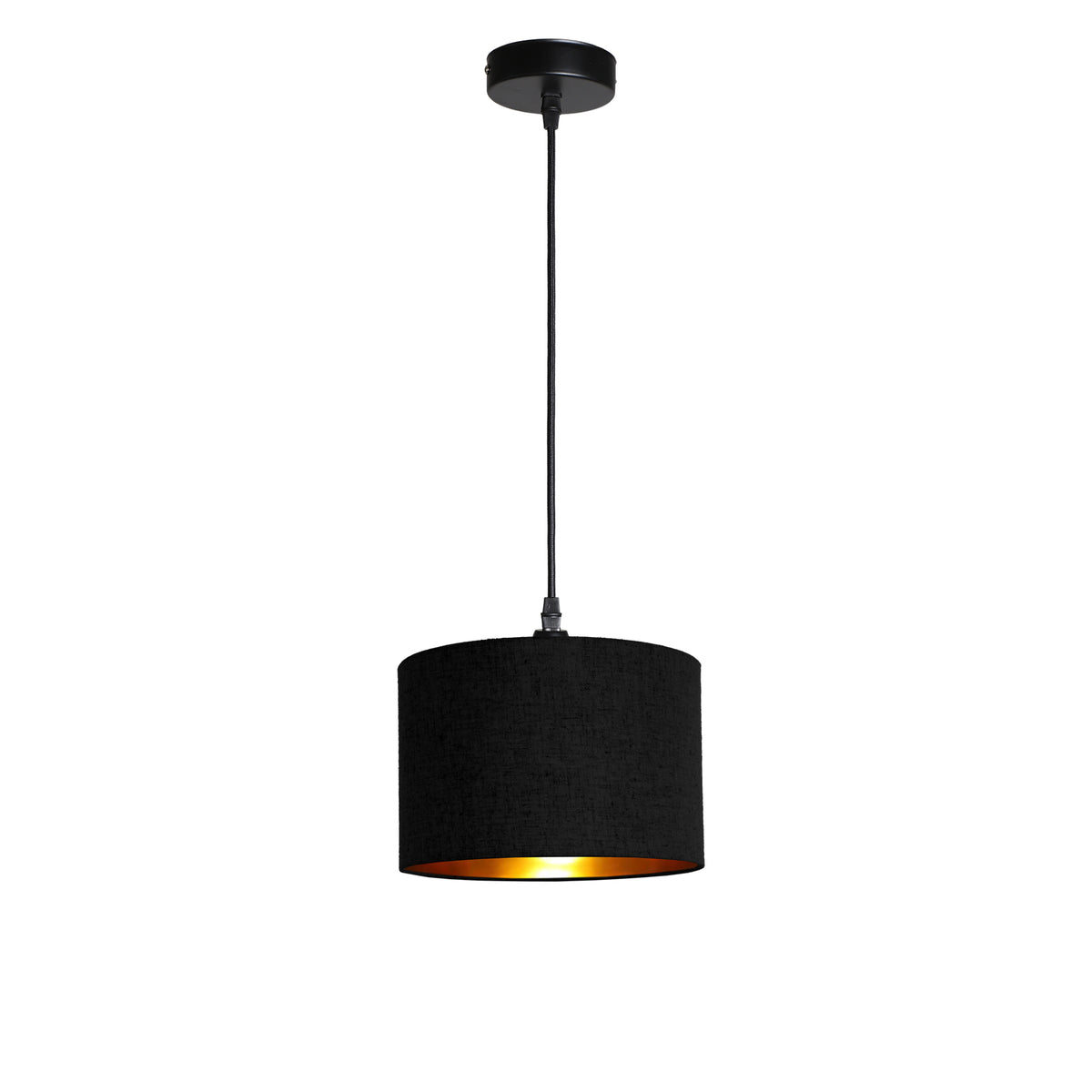 Kensington 1 Light Ceiling Pendant - Black frame - Black & Gold Fabric - 250mm