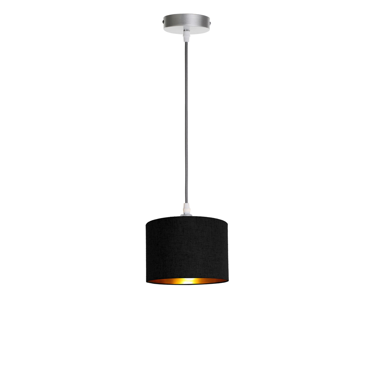 Kensington 1 Light Ceiling Pendant - Silver frame - Black & Gold Fabric - 200mm