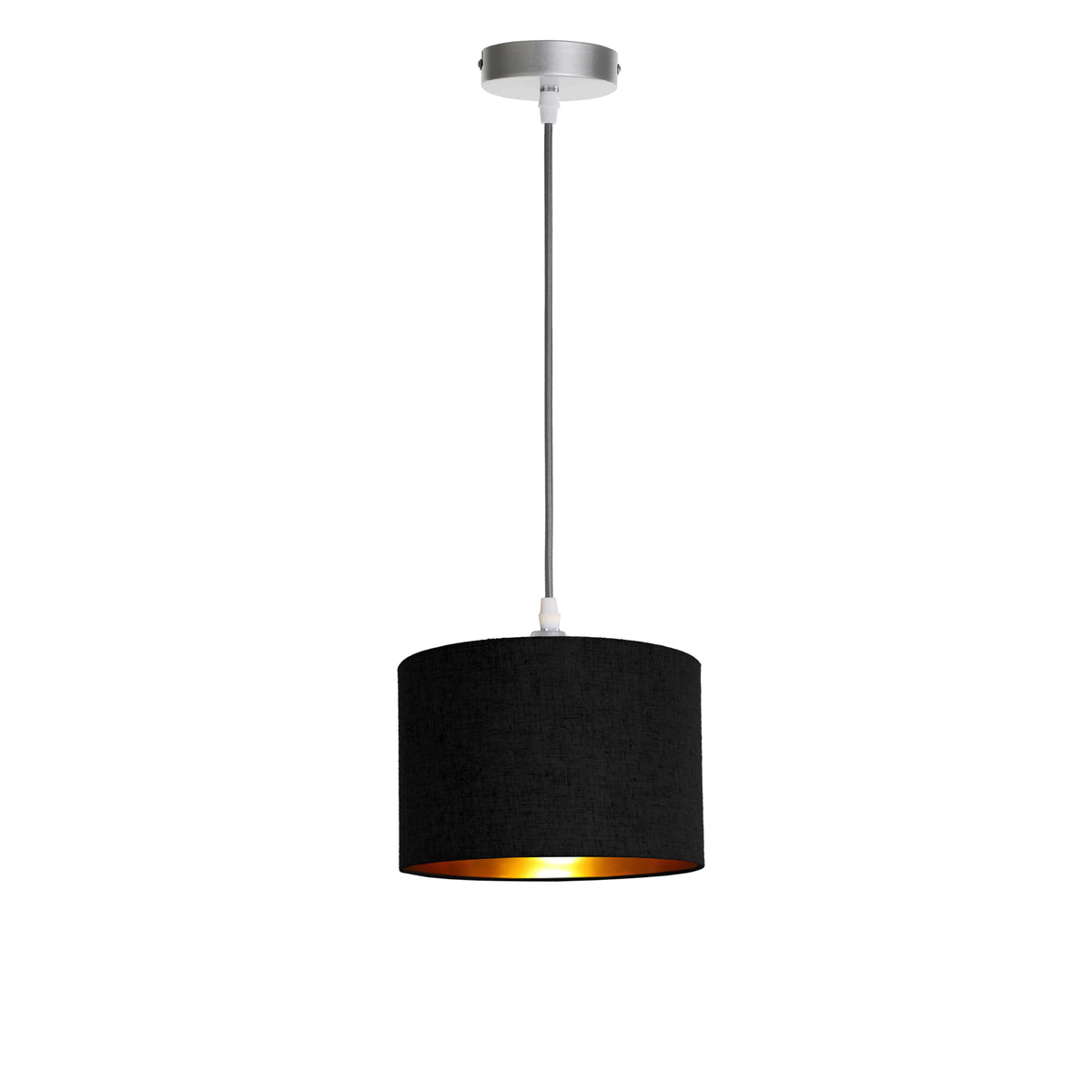 Kensington 1 Light Ceiling Pendant - Silver frame - Black & Gold Fabric - 250mm