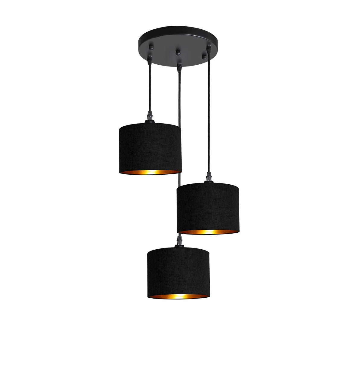 Kensington 3 Light Round Ceiling Pendant - Black frame - Black & Gold Fabric - 200mm