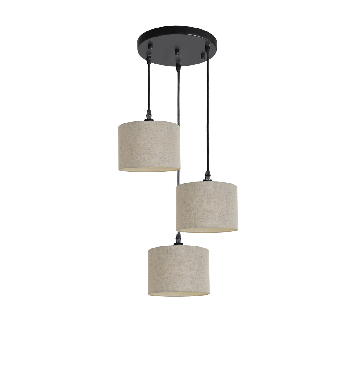 Kensington 3 Light Round Ceiling Pendant - Black frame - Natural Fabric - 200mm