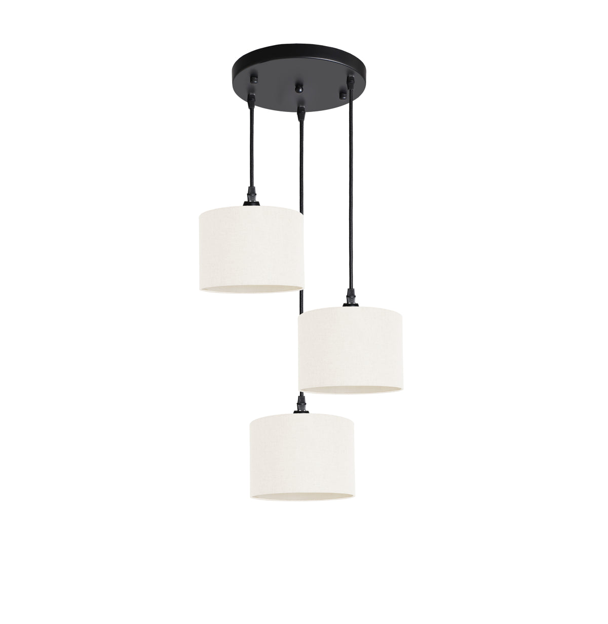 Kensington 3 Light Round Ceiling Pendant - Black frame - Off White Fabric - 200mm