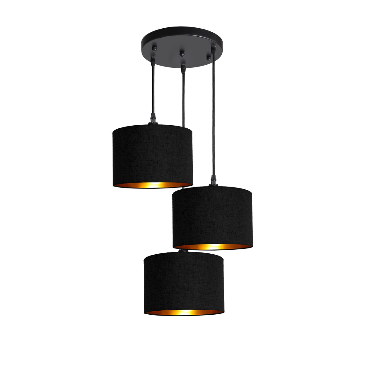 Kensington 3 Light Round Ceiling Pendant - Black frame - Black & Gold Fabric - 250mm