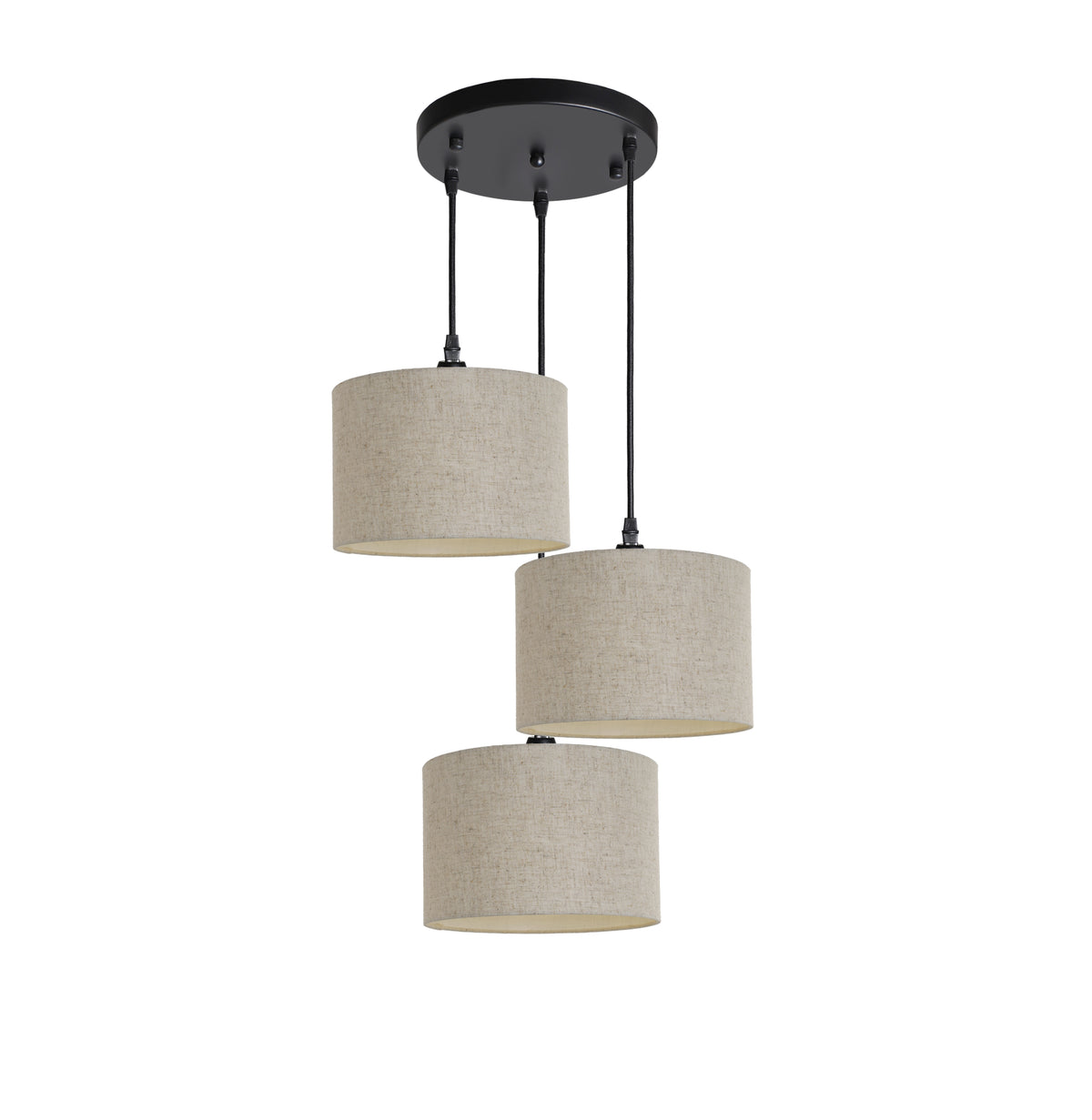 Kensington 3 Light Round Ceiling Pendant - Black frame - Natural Fabric - 250mm