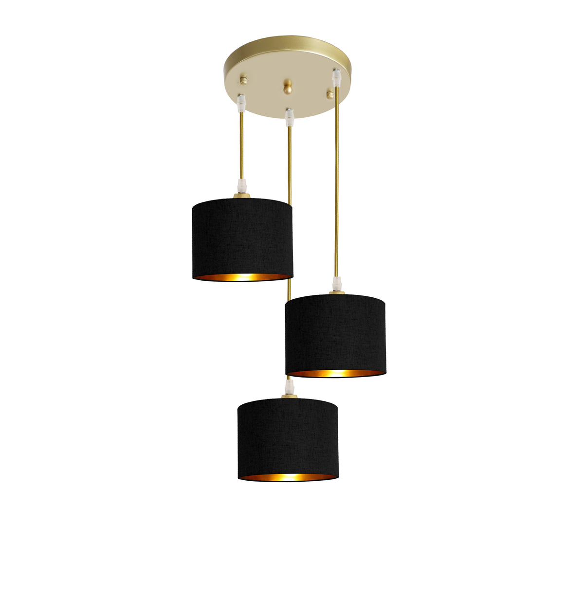 Kensington 3 Light Round Ceiling Pendant - Gold frame - Black & Gold Fabric - 200mm