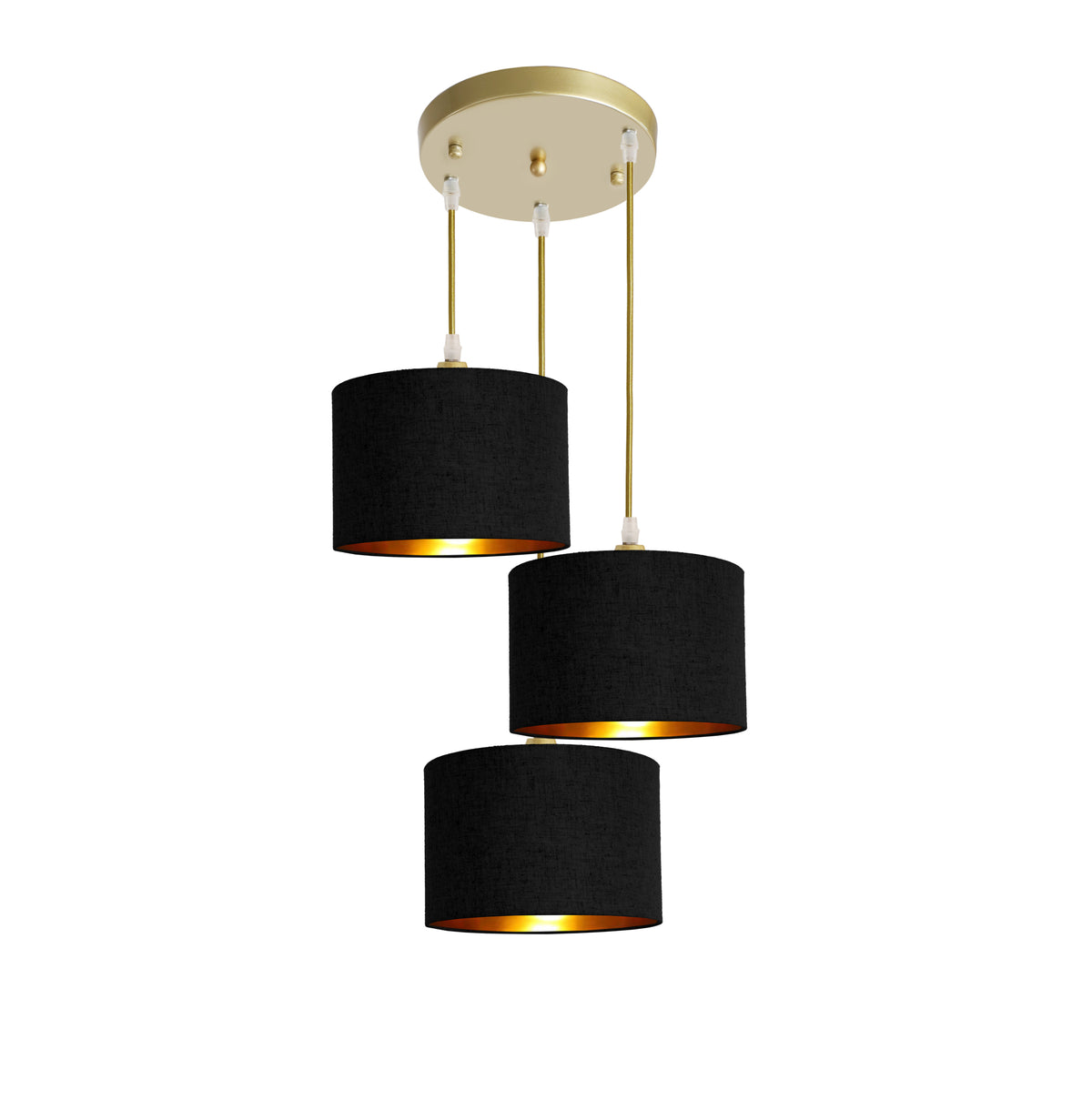 Kensington 3 Light Round Ceiling Pendant - Gold frame - Black & Gold Fabric - 250mm