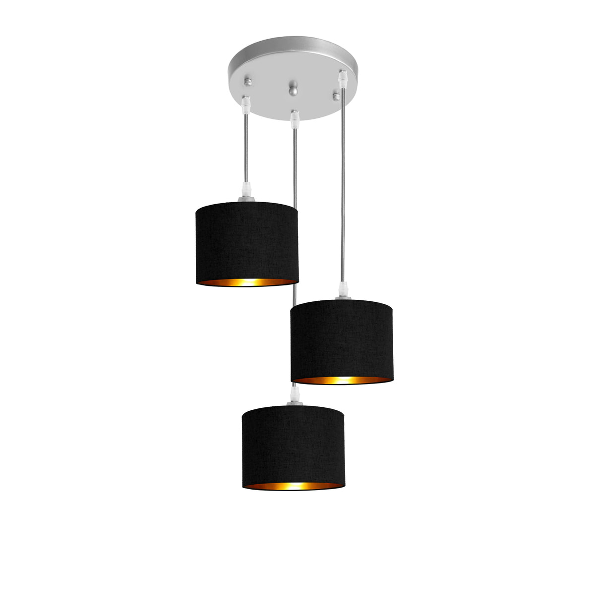 Kensington 3 Light Round Ceiling Pendant - Silver frame - Black & Gold Fabric - 200mm