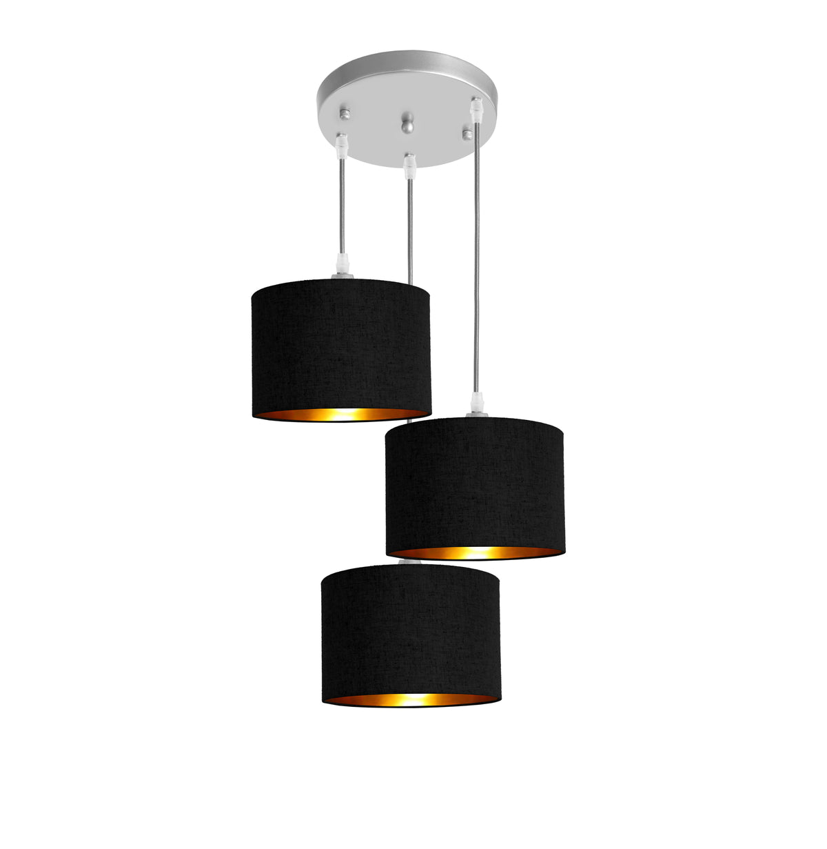 Kensington 3 Light Round Ceiling Pendant - Silver frame - Black & Gold Fabric - 250mm