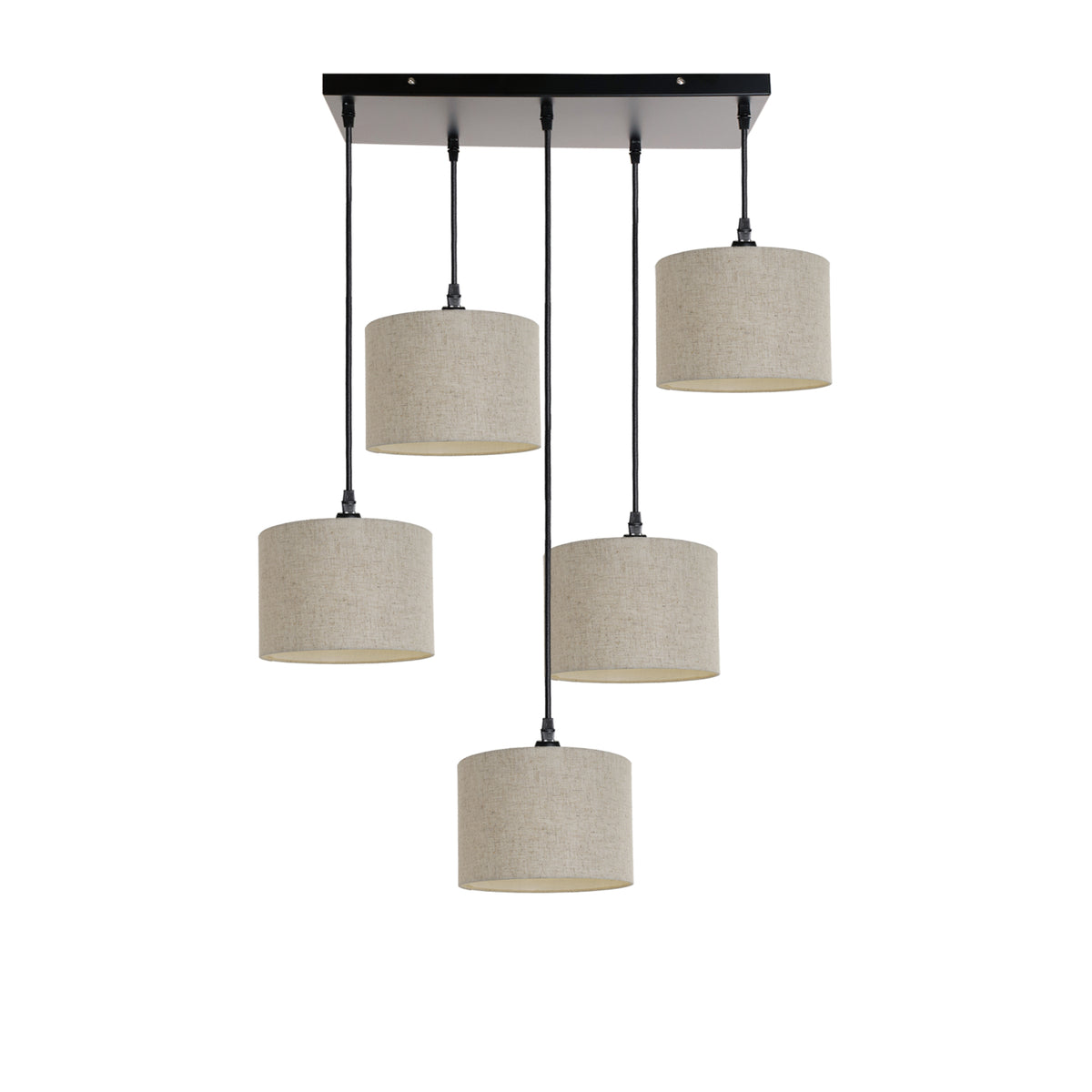 Kensington 5 Light Rectangular Ceiling Pendant - Black frame - Natural Fabric - 200mm