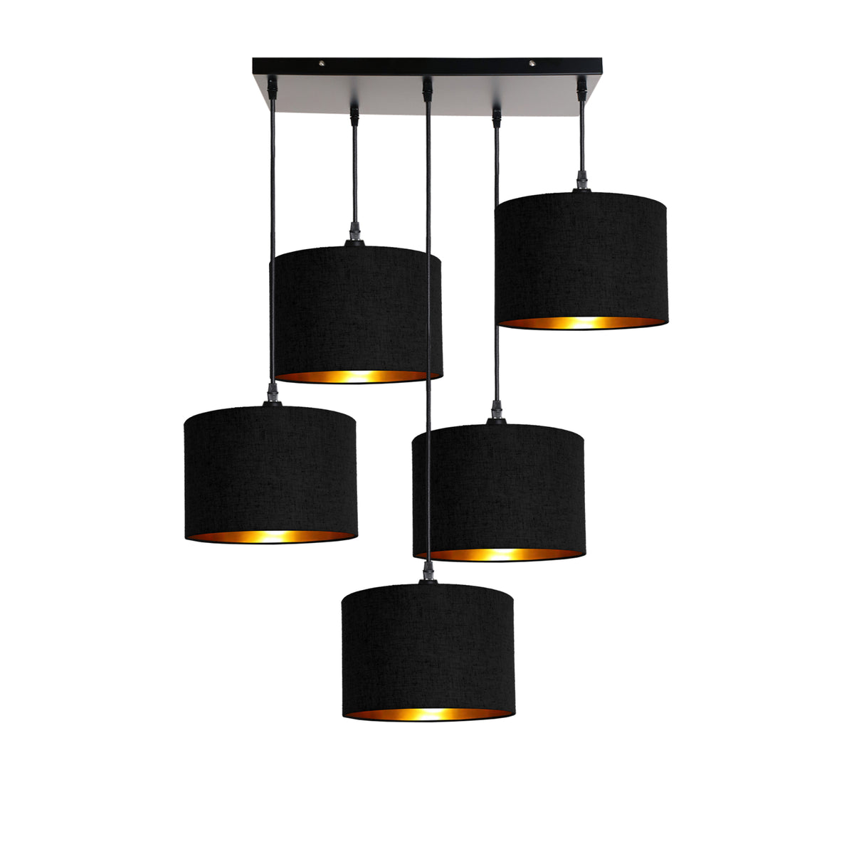 Kensington 5 Light Rectangular Ceiling Pendant - Black frame - Black & Gold Fabric - 250mm