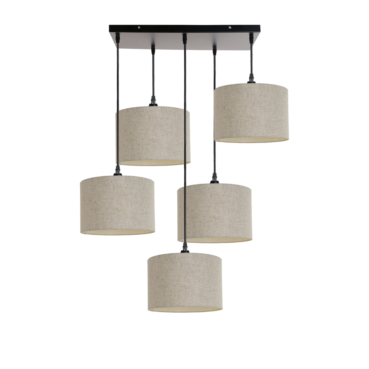Kensington 5 Light Rectangular Ceiling Pendant - Black frame - Natural Fabric - 250mm