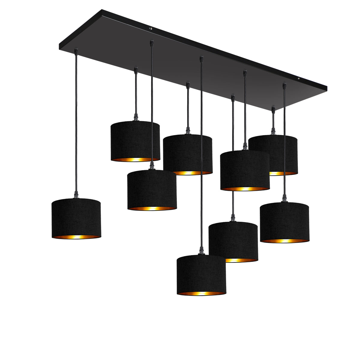 Kensington 9 Light Rectangular Ceiling Pendant - Black frame - Black & Gold Fabric - 200mm