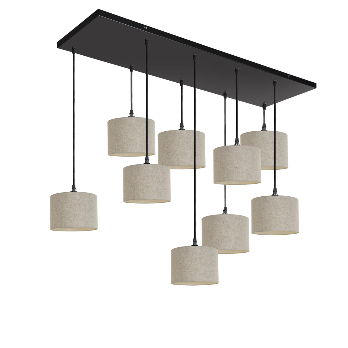 Kensington 9 Light Rectangular Ceiling Pendant - Black frame - Natural Fabric - 200mm
