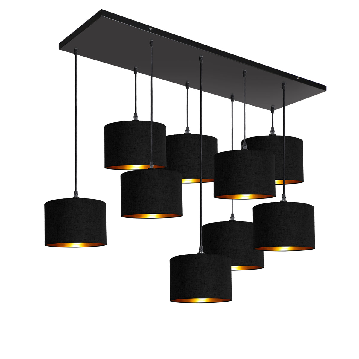 Kensington 9 Light Rectangular Ceiling Pendant - Black frame - Black & Gold Fabric - 250mm