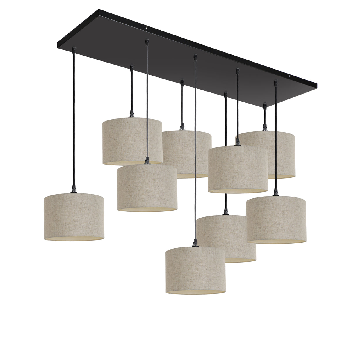 Kensington 9 Light Rectangular Ceiling Pendant - Black frame - Natural Fabric - 250mm