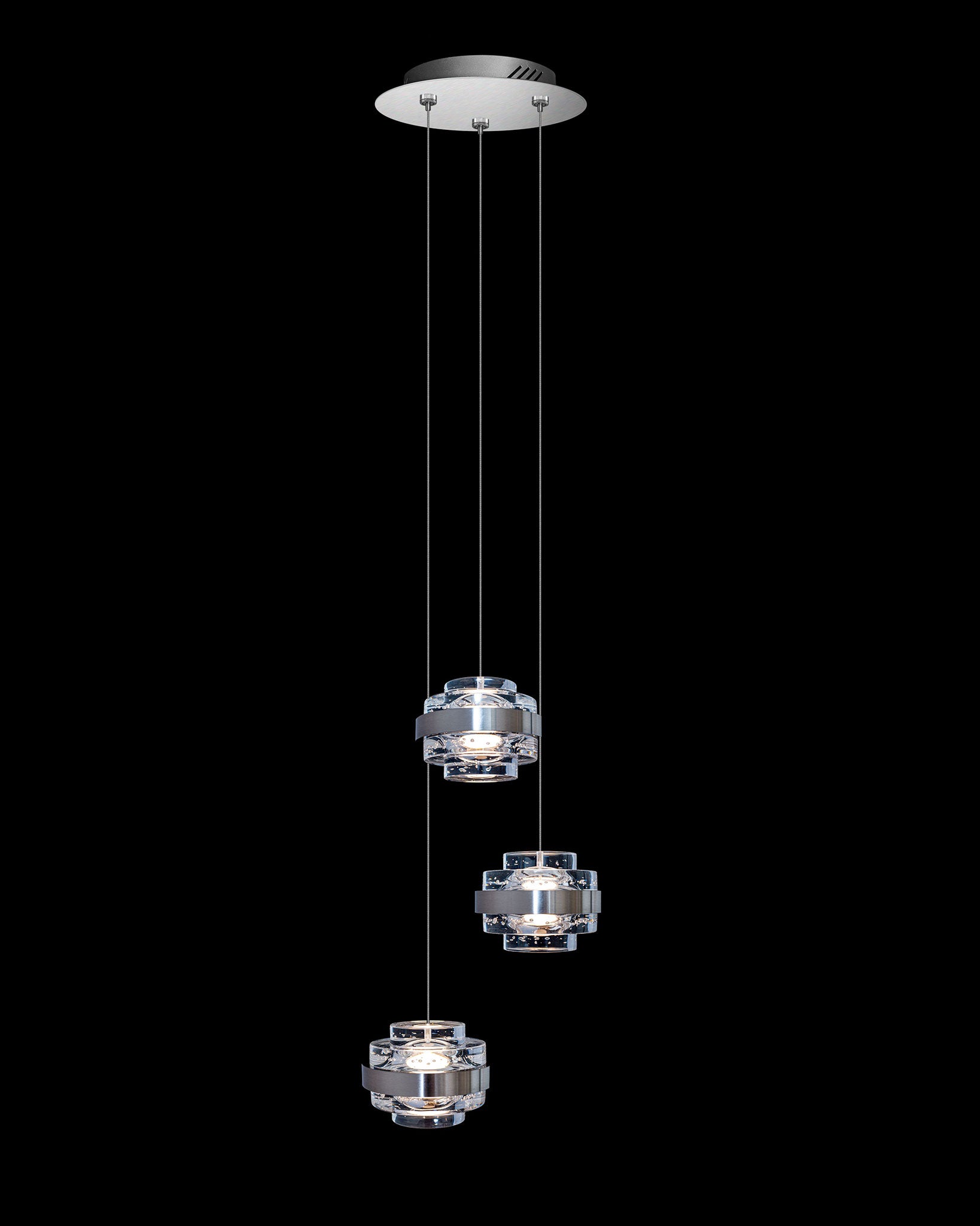 Geo LED 3Lt Round Clear Pendant Satin Nickle Dimmable geo  ceiling-pendant-lights  Bedroom  Lounge  Kitchen  Hallway MD22030002-3ASN illuminati light