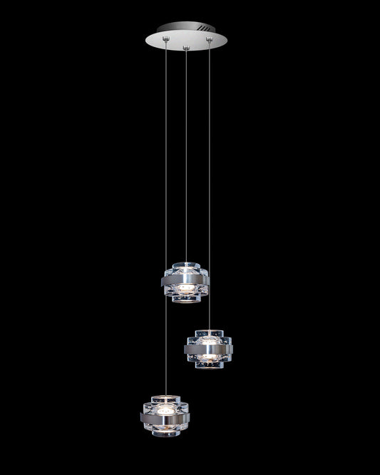 Geo LED 3Lt Round Clear Pendant Satin Nickle Dimmable geo  ceiling-pendant-lights  Bedroom  Lounge  Kitchen  Hallway MD22030002-3ASN illuminati light