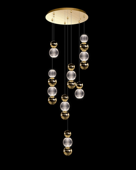 Diamante Embellished 7 Droplet Round Pendant Gold Illuminati Light