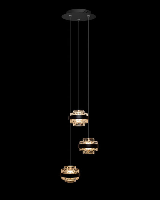 Geo LED 3Lt Round Champagne Pendant Matt Black Dimmable Light