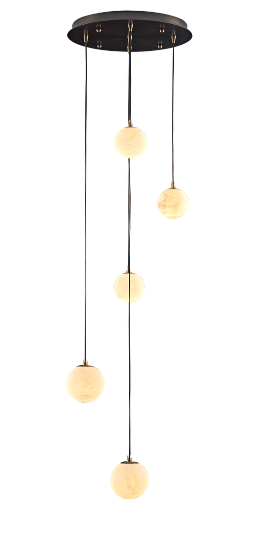 Alabaster Globe Pendant Mixed 3xD10cm and 2xD12cm Antique Brass