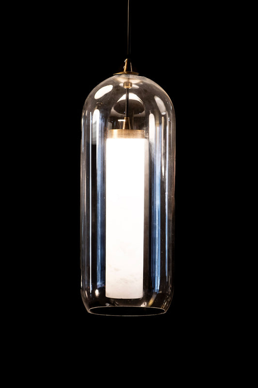 Alabaster Glass Cylinder Dome Pendant Antique Brass
