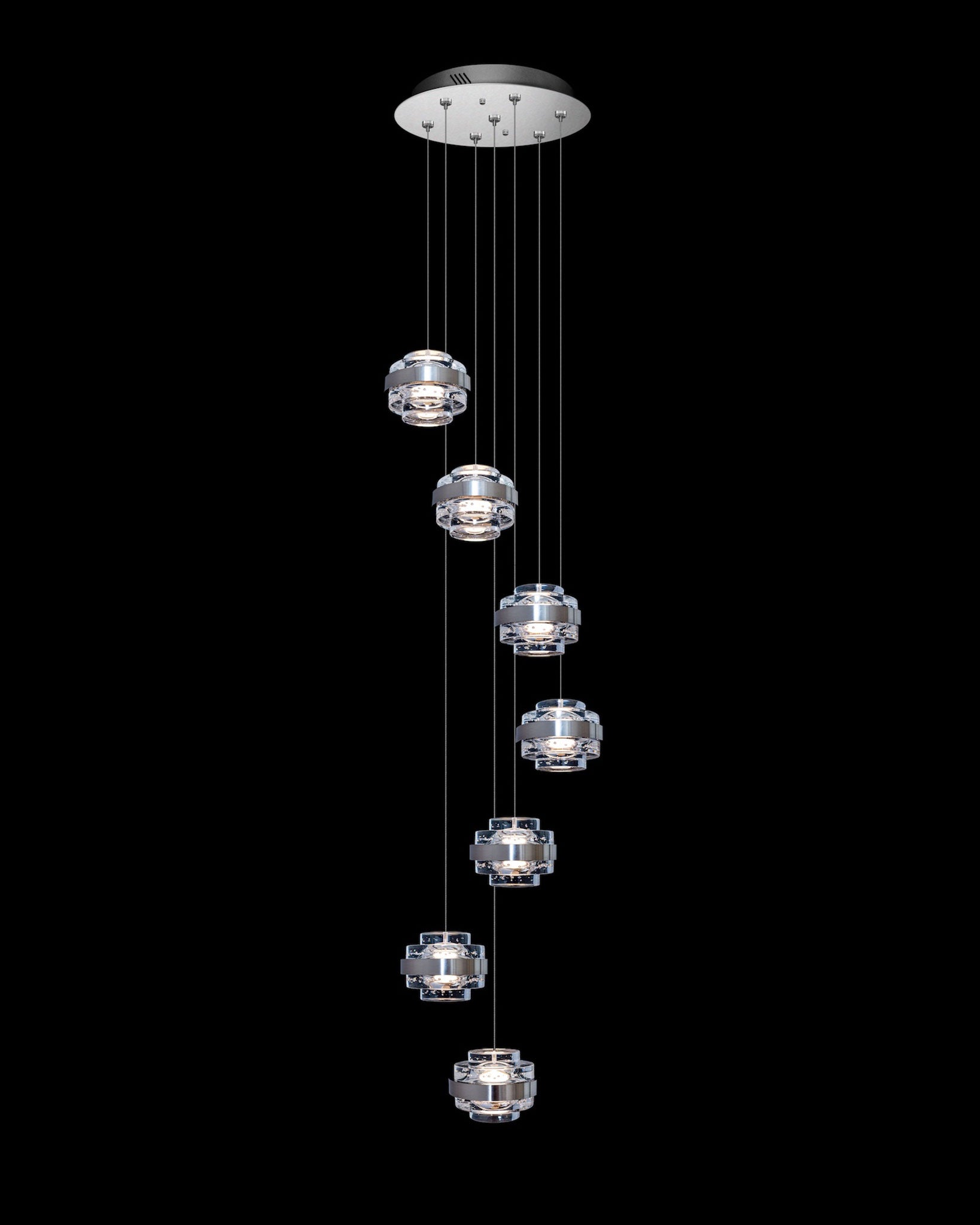 Geo LED 7Lt Round Clear Pendant Satin Nickle Dimmable geo  ceiling-pendant-lights  Bedroom  Lounge  Kitchen  Hallway MD22030002-7ASN illuminati light